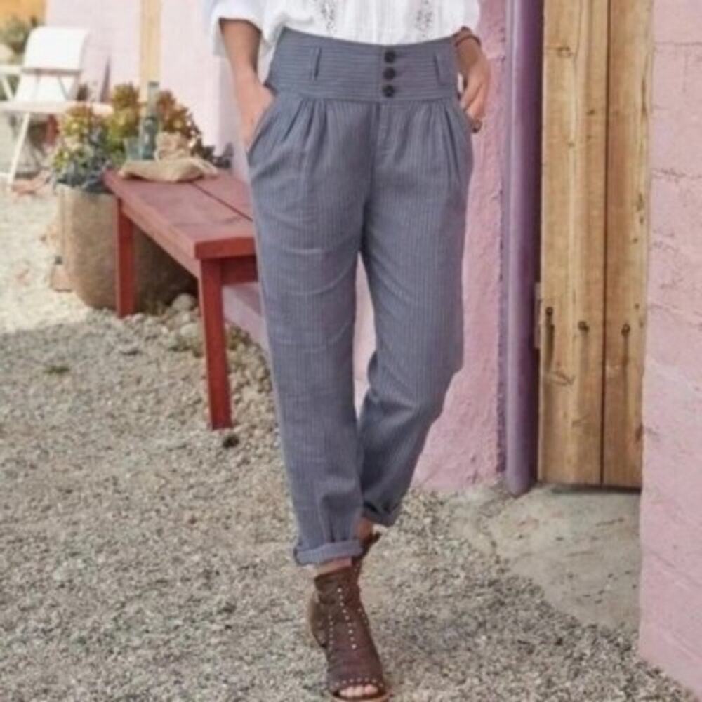 Sundance Amelia Trouser Pant Light Purple Pinstripe 4 Button Linen Cotton Blend